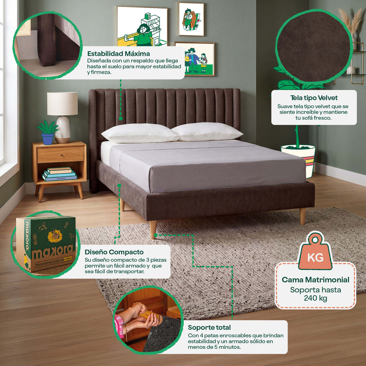 Base de Cama Matrimonial Bruma Chocolate | Makora