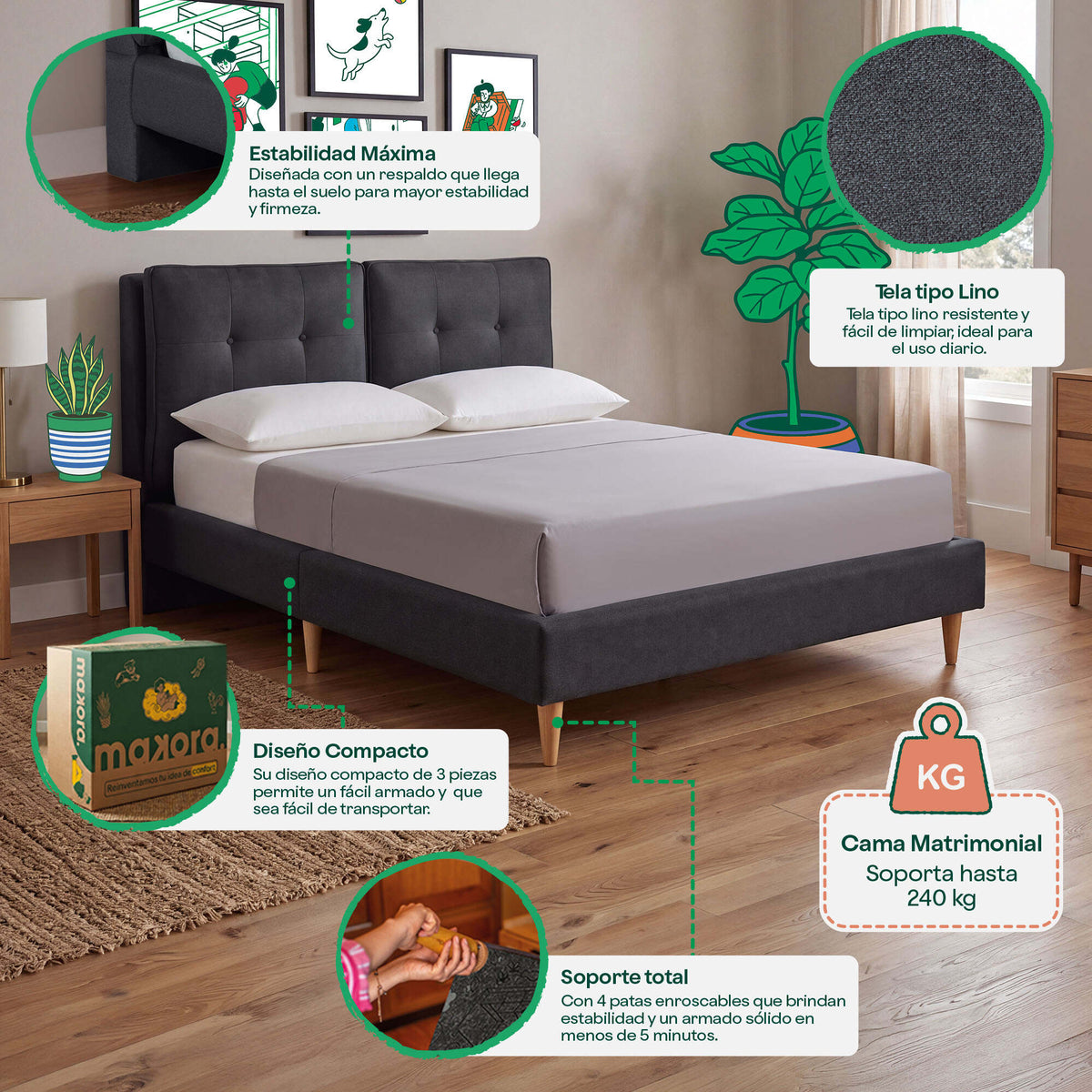 Base de Cama Matrimonial Samna Oxford | Makora