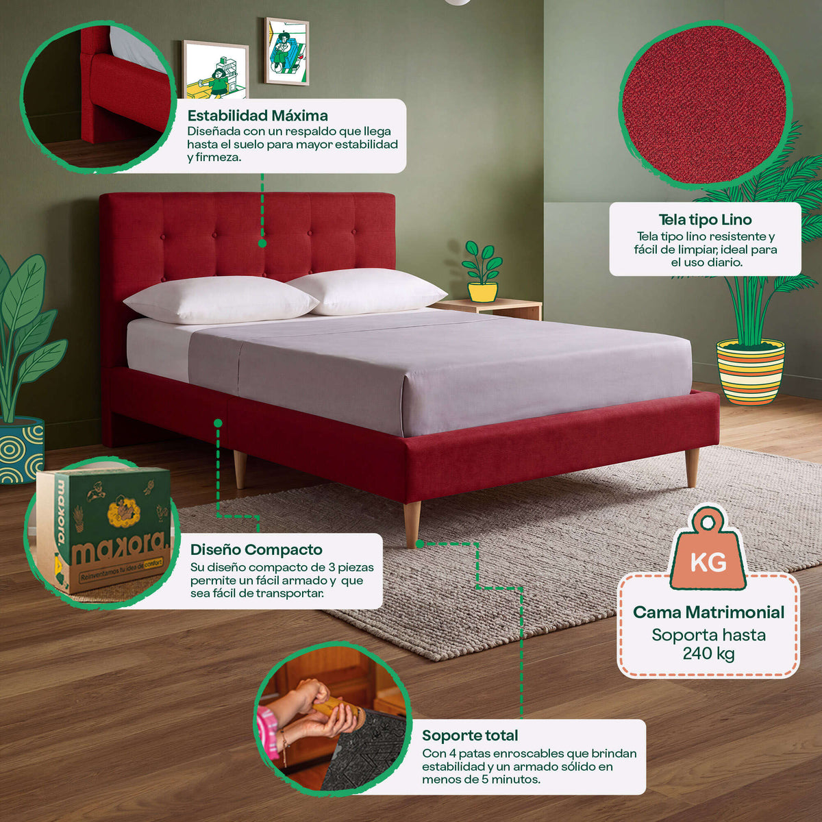 Cama Matrimonial Maia Rojo | Makora