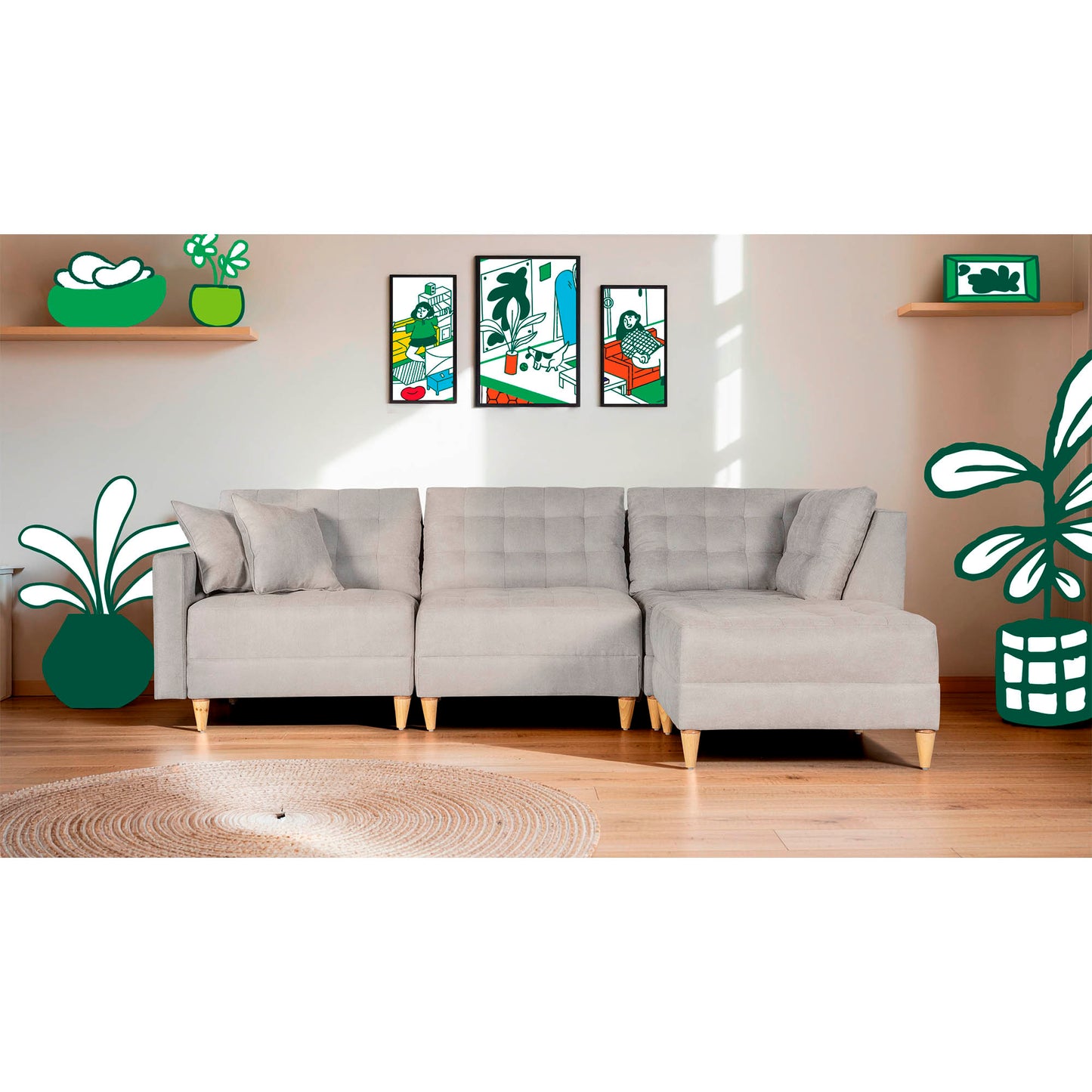 Sala Modular Godric de 4 modulos Color Gris Claro