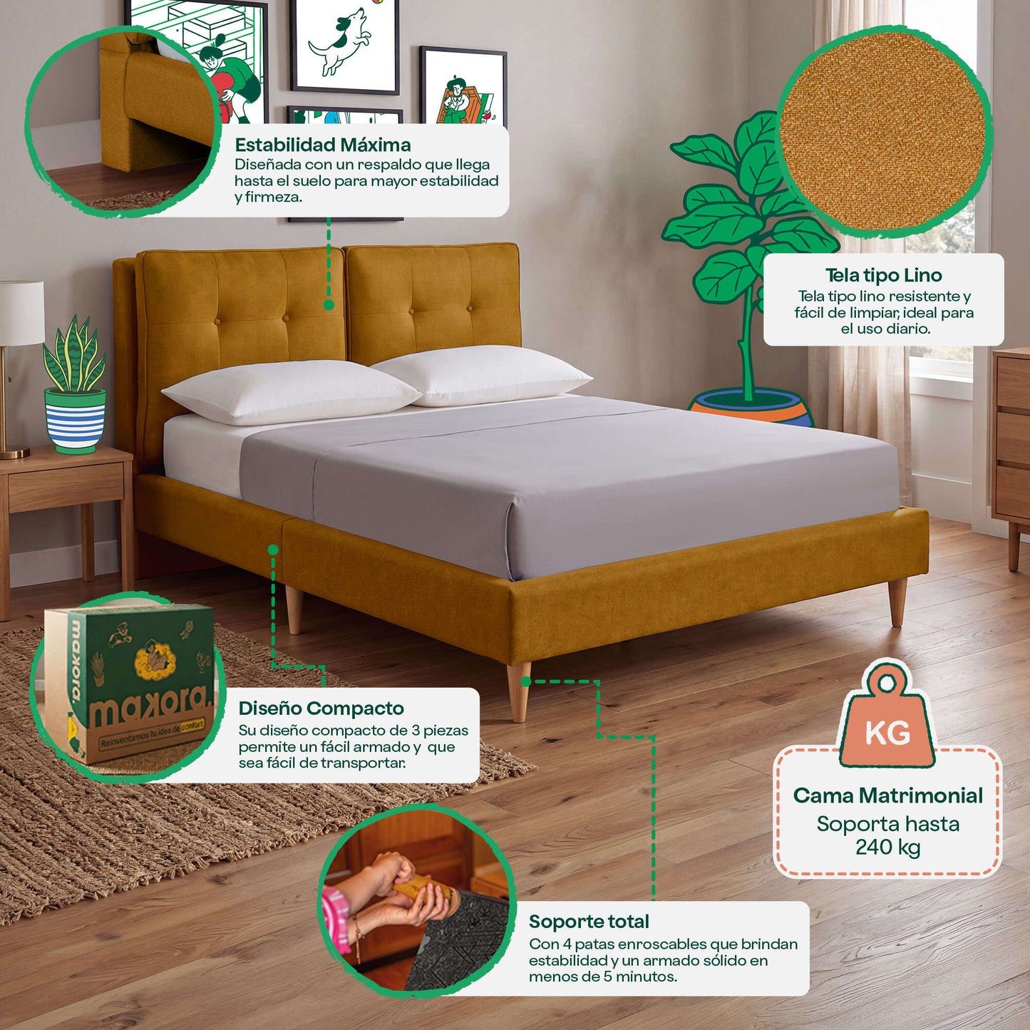 Base de Cama Matrimonial Samna color Mostaza