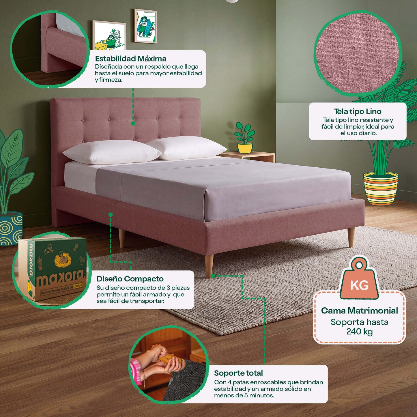 Cama Matrimonial Maia Palo de Rosa
