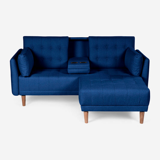 Sala Modular Chica Makora Mandarin Azul Lino De 2 Plazas Con Portavasos + Taburete
