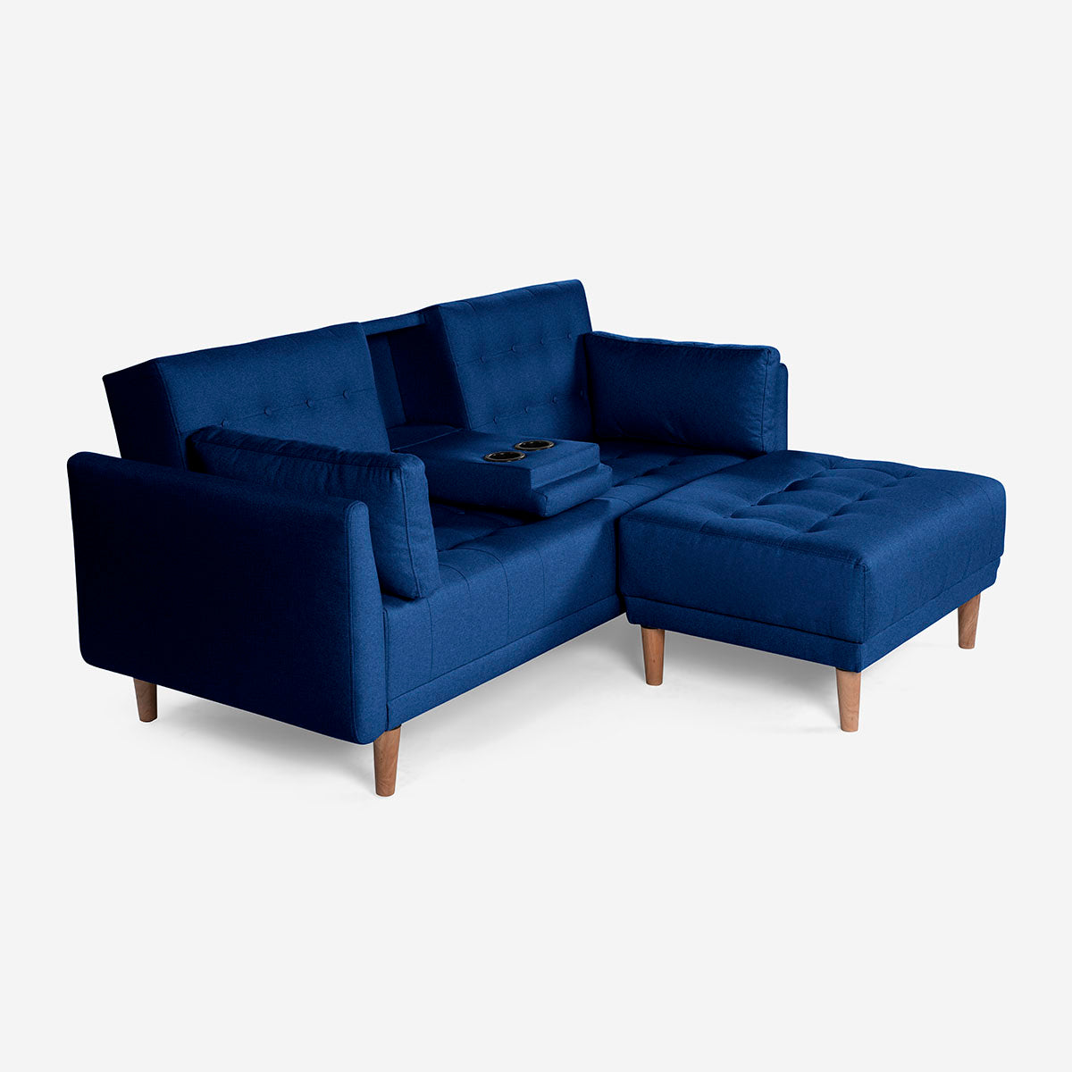 Sala Modular Chica Makora Mandarin Azul Lino De 2 Plazas Con Portavasos + Taburete