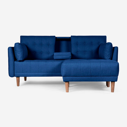 Sala Modular Chica Makora Mandarin Azul Lino De 2 Plazas Con Portavasos + Taburete