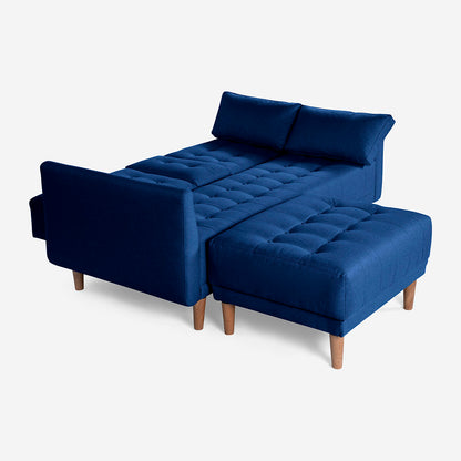 Sala Modular Chica Makora Mandarin Azul Lino De 2 Plazas Con Portavasos + Taburete