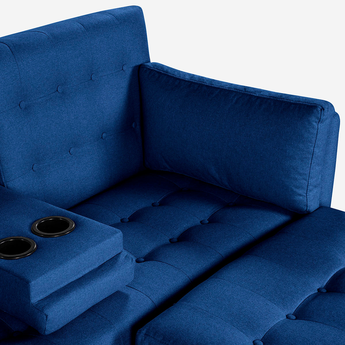 Sala Modular Chica Makora Mandarin Azul Lino De 2 Plazas Con Portavasos + Taburete