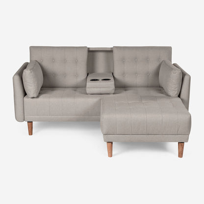 Sala Modular Chica Makora Mandarin Gris Claro Lino De 2 Plazas Con Portavasos + Taburete - Outlet