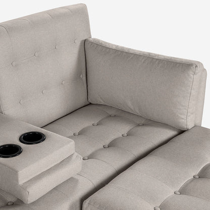 Sala Modular Chica Makora Mandarin Gris Claro Lino De 2 Plazas Con Portavasos + Taburete - Outlet