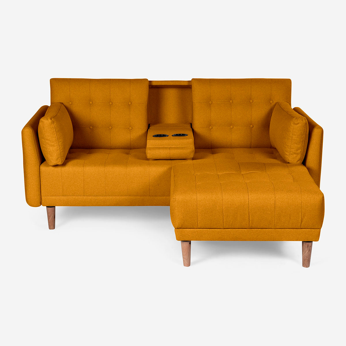 Sala Modular Chica Makora Mandarin Mostaza Lino De 2 Plazas Con Portavasos + Taburete