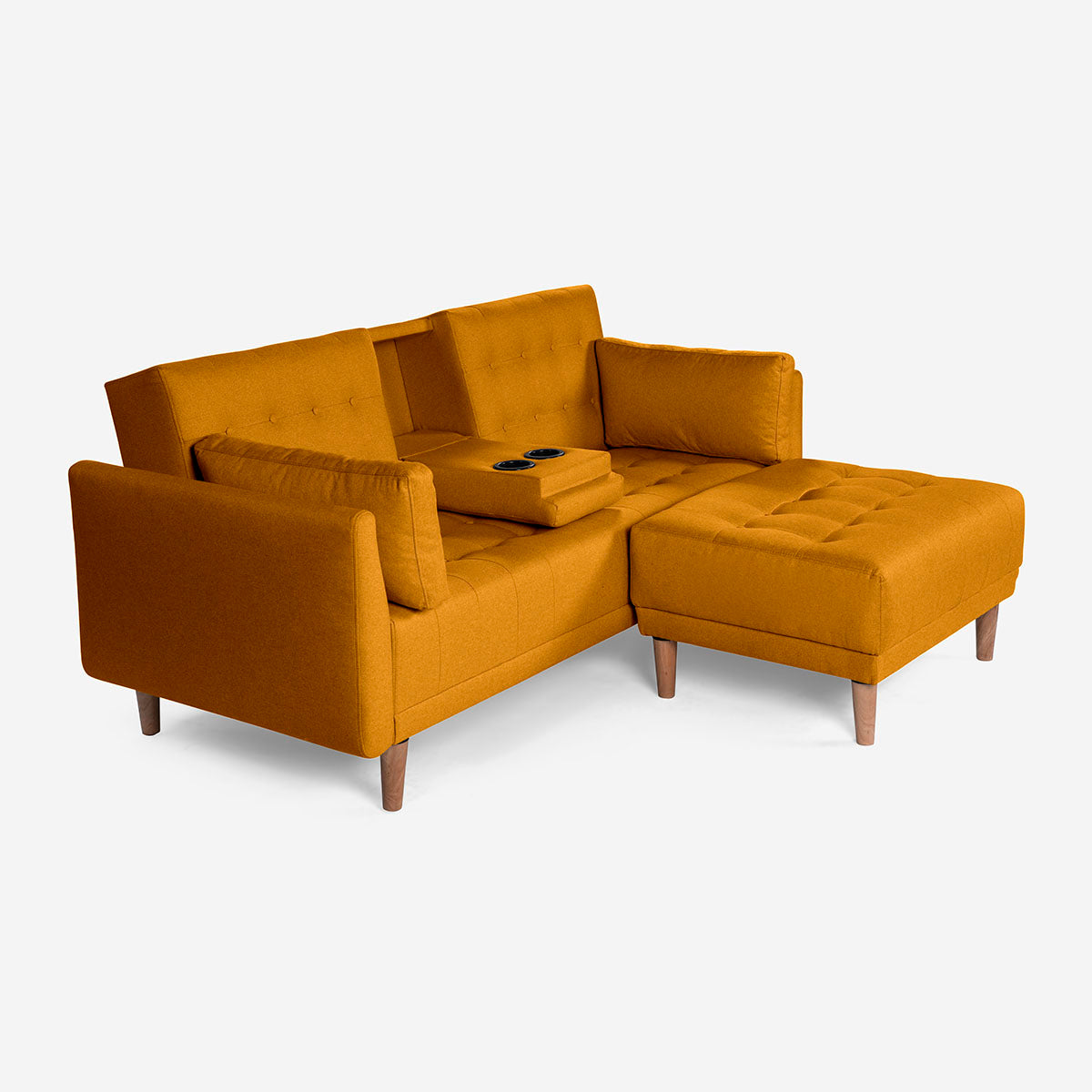 Sala Modular Chica Makora Mandarin Mostaza Lino De 2 Plazas Con Portavasos + Taburete