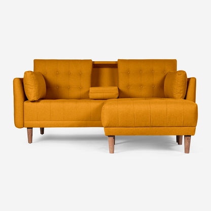 Sala Modular Chica Makora Mandarin Mostaza Lino De 2 Plazas Con Portavasos + Taburete