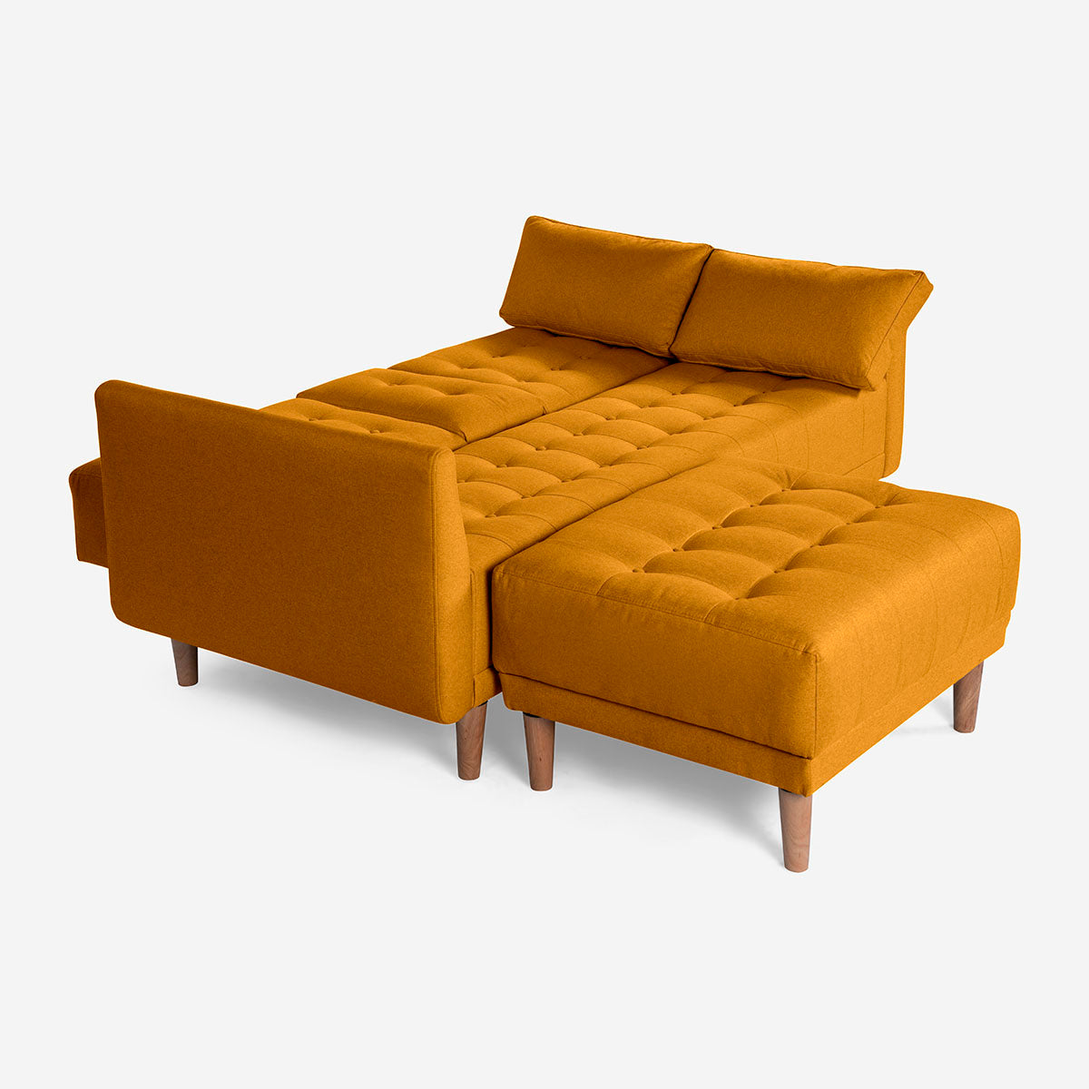 Sala Modular Chica Makora Mandarin Mostaza Lino De 2 Plazas Con Portavasos + Taburete