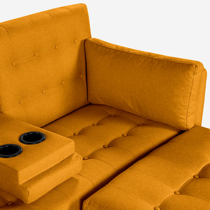 Sala Modular Chica Makora Mandarin Mostaza Lino De 2 Plazas Con Portavasos + Taburete