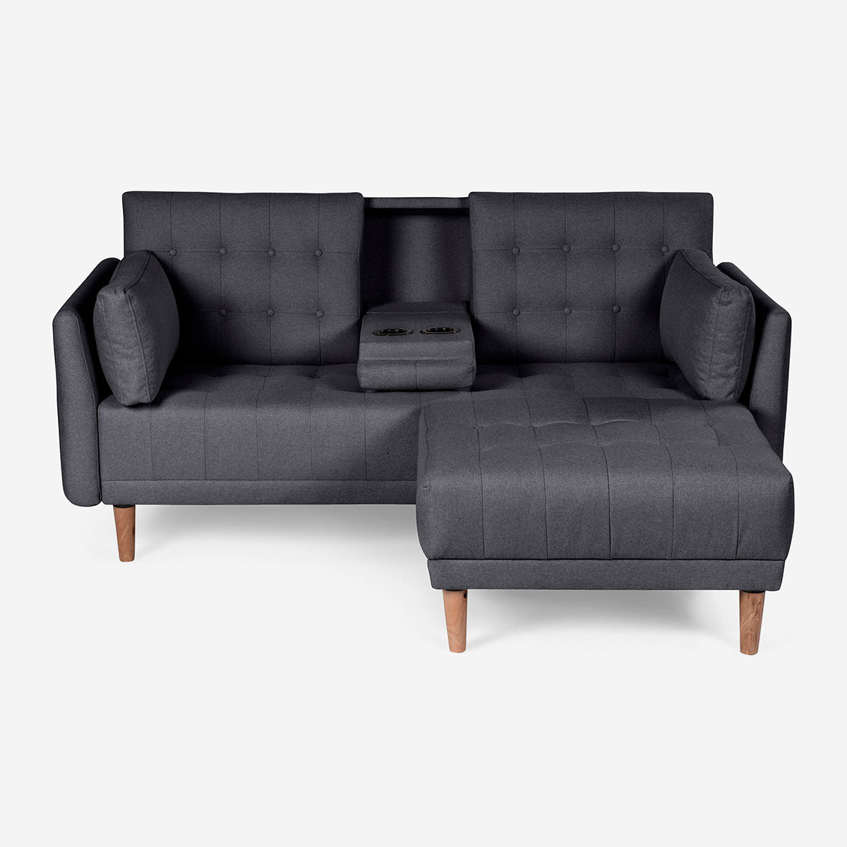 Sala Modular Chica Makora Mandarin Gris Oxford Lino De 2 Plazas Con Portavasos + Taburete