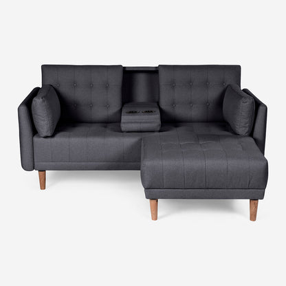 Sala Modular Chica Makora Mandarin Gris Oxford Lino De 2 Plazas Con Portavasos + Taburete
