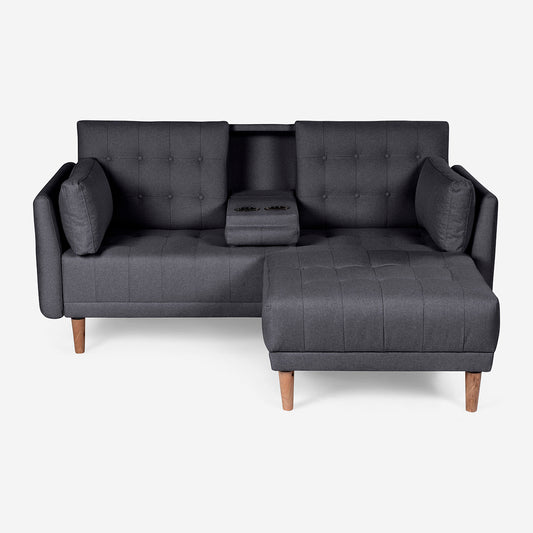 Sala Modular Chica Makora Mandarin Gris Oxford Lino De 2 Plazas Con Portavasos + Taburete