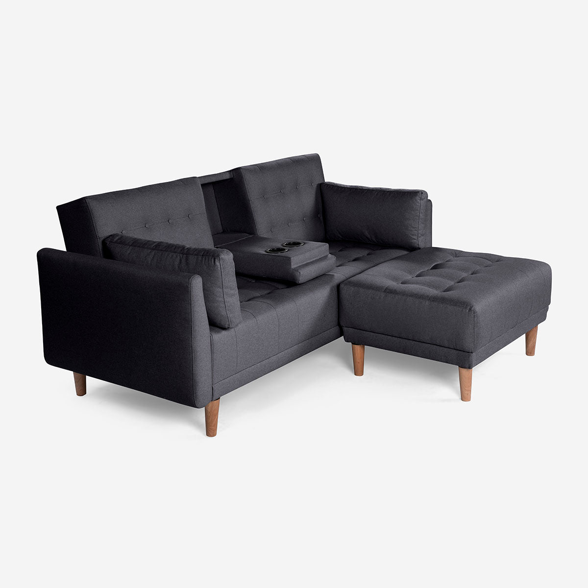 Sala Modular Chica Makora Mandarin Gris Oxford Lino De 2 Plazas Con Portavasos + Taburete