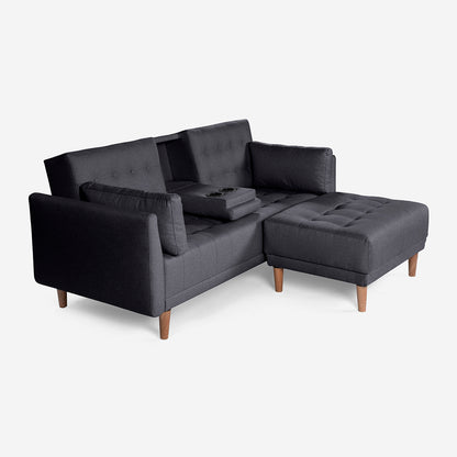 Sala Modular Chica Makora Mandarin Gris Oxford Lino De 2 Plazas Con Portavasos + Taburete