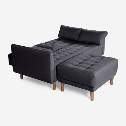 Sala Modular Chica Makora Mandarin Gris Oxford Lino De 2 Plazas Con Portavasos + Taburete