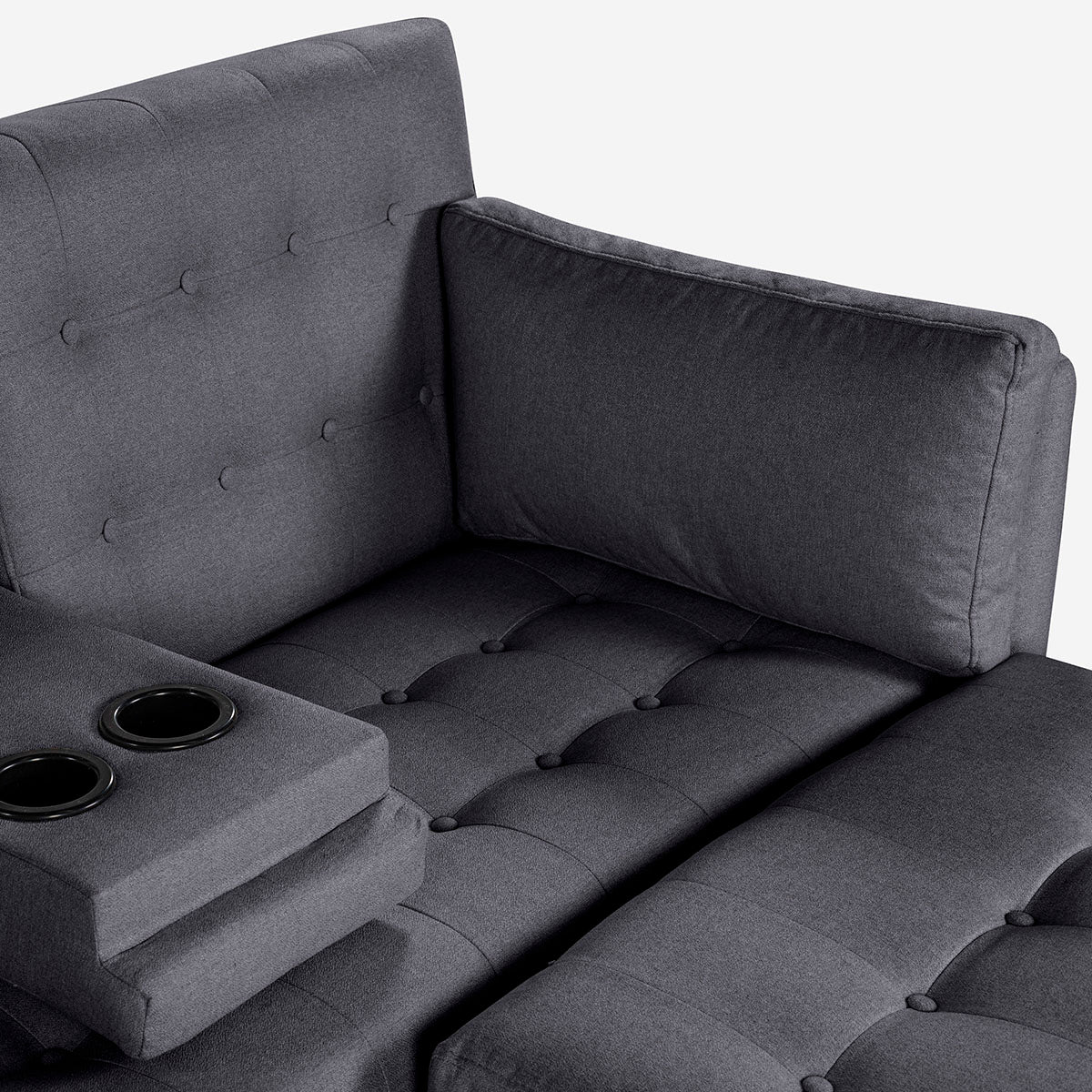 Sala Modular Chica Makora Mandarin Gris Oxford Lino De 2 Plazas Con Portavasos + Taburete
