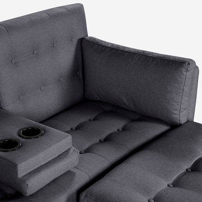 Sala Modular Chica Makora Mandarin Gris Oxford Lino De 2 Plazas Con Portavasos + Taburete