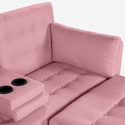 Sala Modular Chica Makora Mandarin Rosa Lino De 2 Plazas Con Portavasos + Taburete