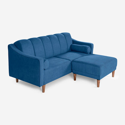 Sala Modular Chica Makora Novella Azul Terciopelo De 2 Plazas  + Taburete