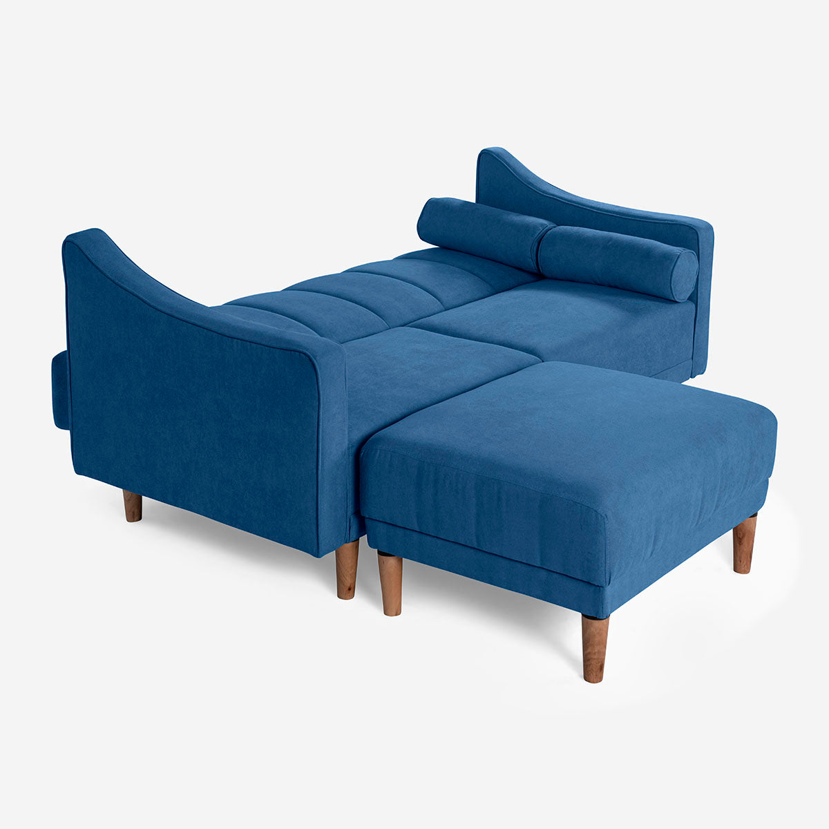 Sala Modular Chica Makora Novella Azul Terciopelo De 2 Plazas  + Taburete