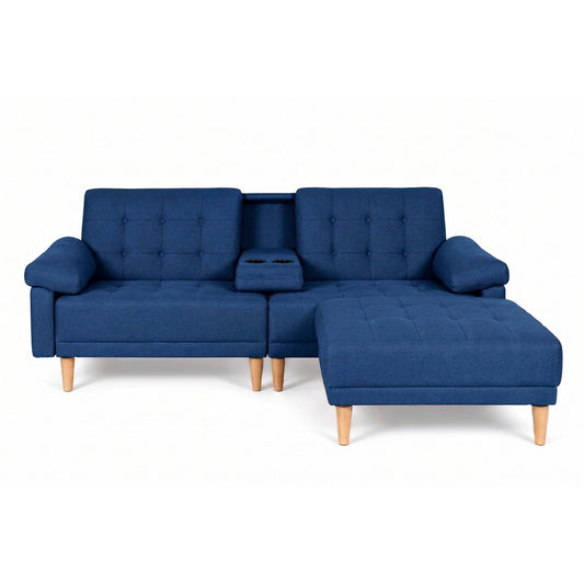 Sala Modular Chica Makora Praia Azul Lino De 2 Plazas Con Portavasos + Taburete