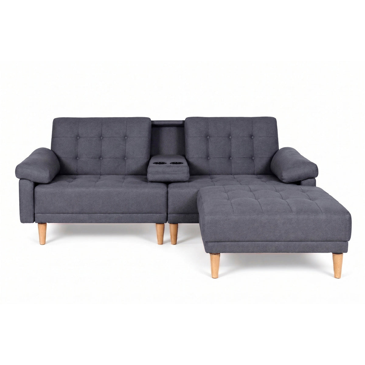 Sala Modular Chica Makora Praia Gris Oxford Lino De 2 Plazas Con Portavasos + Taburete