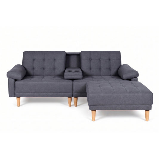Sala Modular Chica Makora Praia Gris Oxford Lino De 2 Plazas Con Portavasos + Taburete