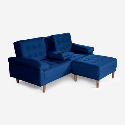 Sala Modular Chica Makora Praia Azul Lino De 2 Plazas Con Portavasos + Taburete