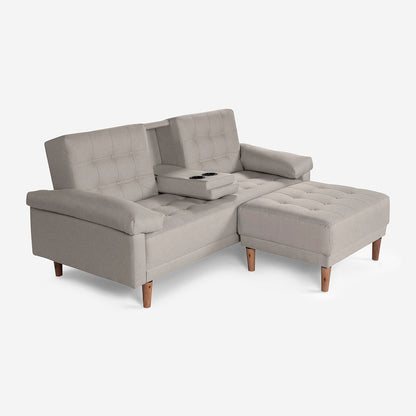 Sala Modular Chica Makora Praia Gris Claro Lino De 2 Plazas Con Portavasos + Taburete