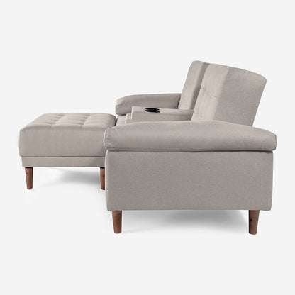 Sala Modular Chica Makora Praia Gris Claro Lino De 2 Plazas Con Portavasos + Taburete