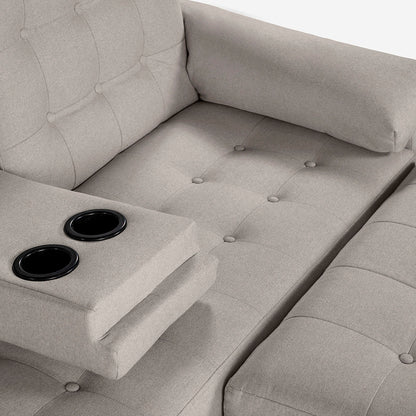 Sala Modular Chica Makora Praia Gris Claro Lino De 2 Plazas Con Portavasos + Taburete