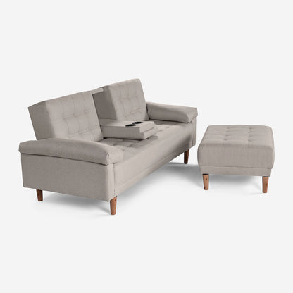 Sala Modular Chica Makora Praia Gris Claro Lino De 2 Plazas Con Portavasos + Taburete