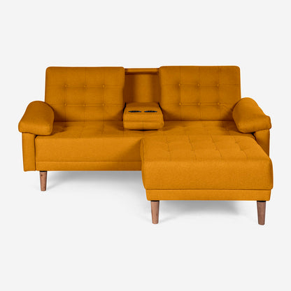 Sala Modular Chica Makora Praia Mostaza Lino De 2 Plazas Con Portavasos + Taburete