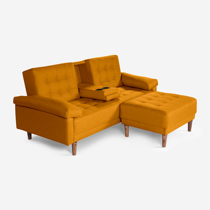Sala Modular Chica Makora Praia Mostaza Lino De 2 Plazas Con Portavasos + Taburete