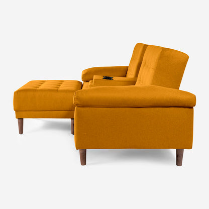Sala Modular Chica Makora Praia Mostaza Lino De 2 Plazas Con Portavasos + Taburete