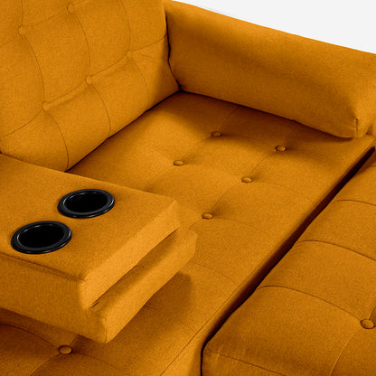Sala Modular Chica Makora Praia Mostaza Lino De 2 Plazas Con Portavasos + Taburete