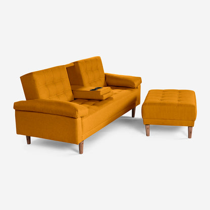 Sala Modular Chica Makora Praia Mostaza Lino De 2 Plazas Con Portavasos + Taburete