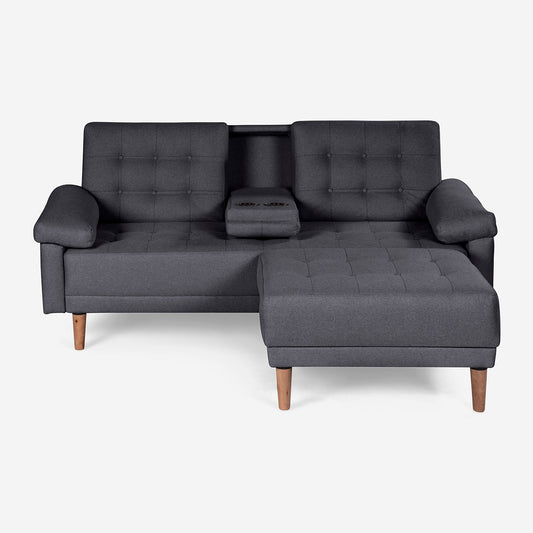 Sala Modular Chica Makora Praia Gris Oxford Lino De 2 Plazas Con Portavasos + Taburete