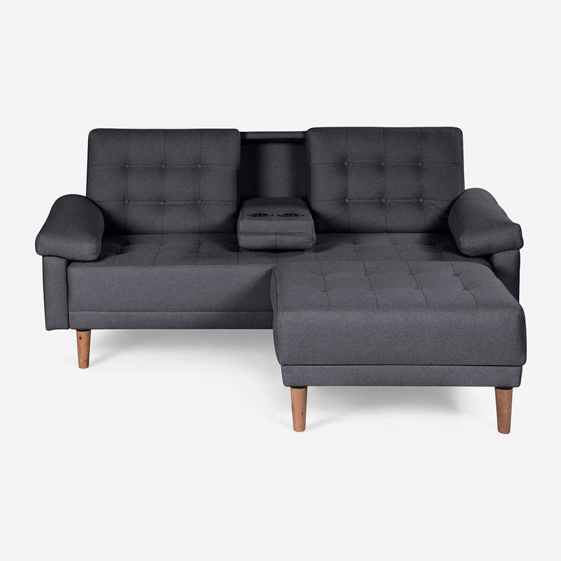 Sala Modular Chica Makora Praia Gris Oxford Lino De 2 Plazas Con Portavasos + Taburete