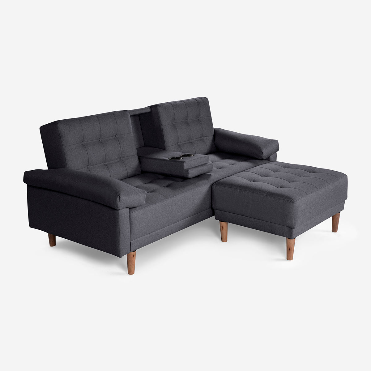 Sala Modular Chica Makora Praia Gris Oxford Lino De 2 Plazas Con Portavasos + Taburete
