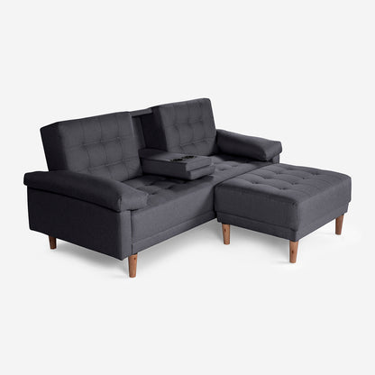 Sala Modular Chica Makora Praia Gris Oxford Lino De 2 Plazas Con Portavasos + Taburete