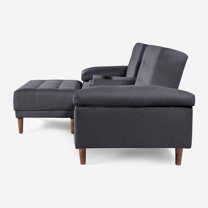 Sala Modular Chica Makora Praia Gris Oxford Lino De 2 Plazas Con Portavasos + Taburete