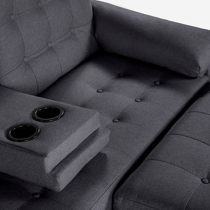 Sala Modular Chica Makora Praia Gris Oxford Lino De 2 Plazas Con Portavasos + Taburete