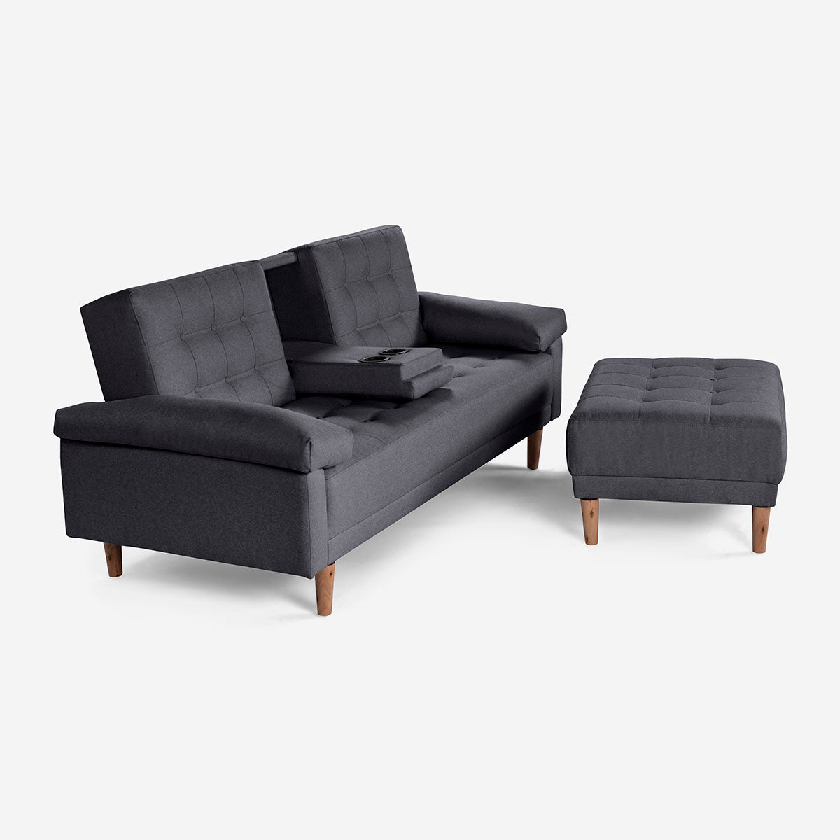 Sala Modular Chica Makora Praia Gris Oxford Lino De 2 Plazas Con Portavasos + Taburete
