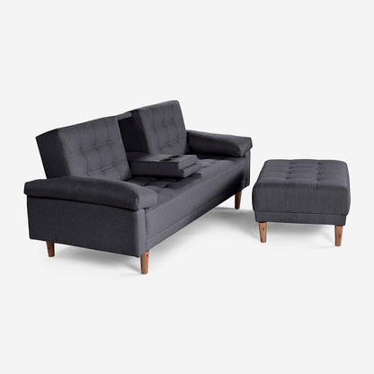 Sala Modular Chica Makora Praia Gris Oxford Lino De 2 Plazas Con Portavasos + Taburete